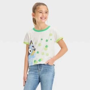 St. Patrick’s Day Bluey ringer Short Sleeve Graphic Tee Girls Boys XS NWT